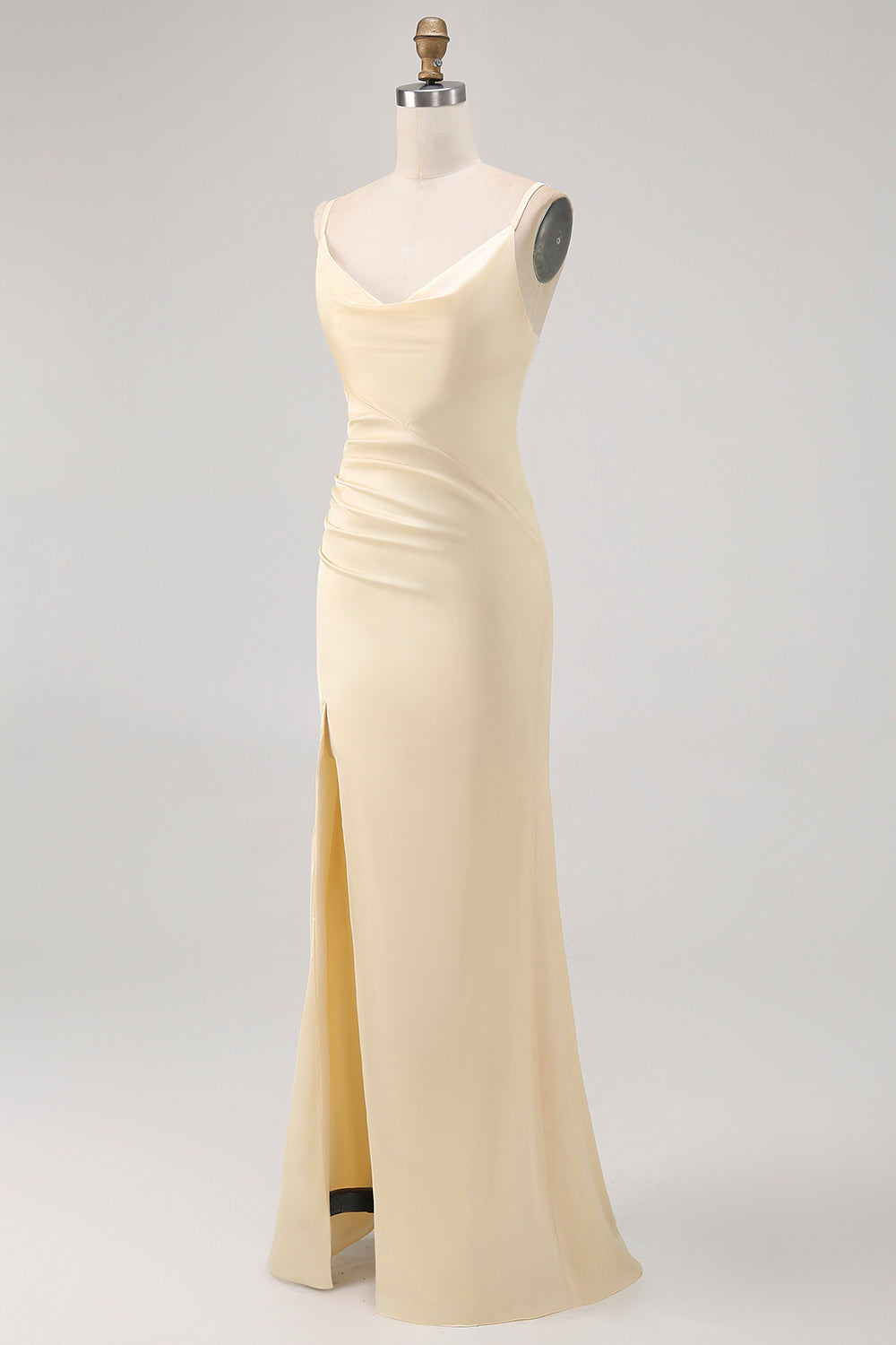 Daffodil Satin Mermaid Ruched Long Wedding Guest Dress with Slit