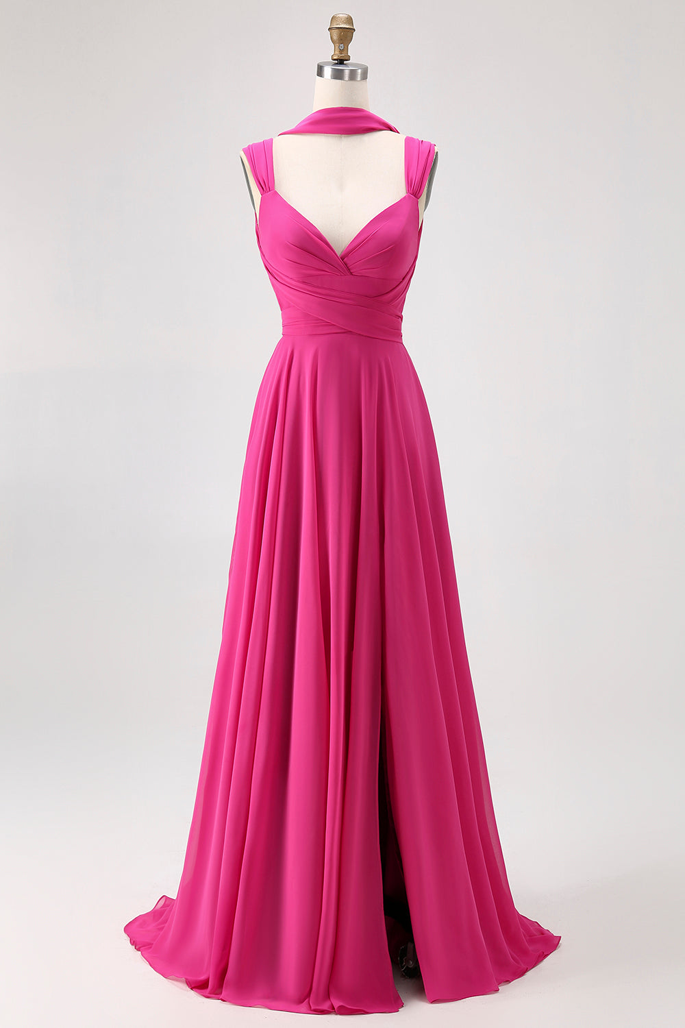 Fuchsia Chiffon A Line Backless Long Wedding Guest Dress with Slit