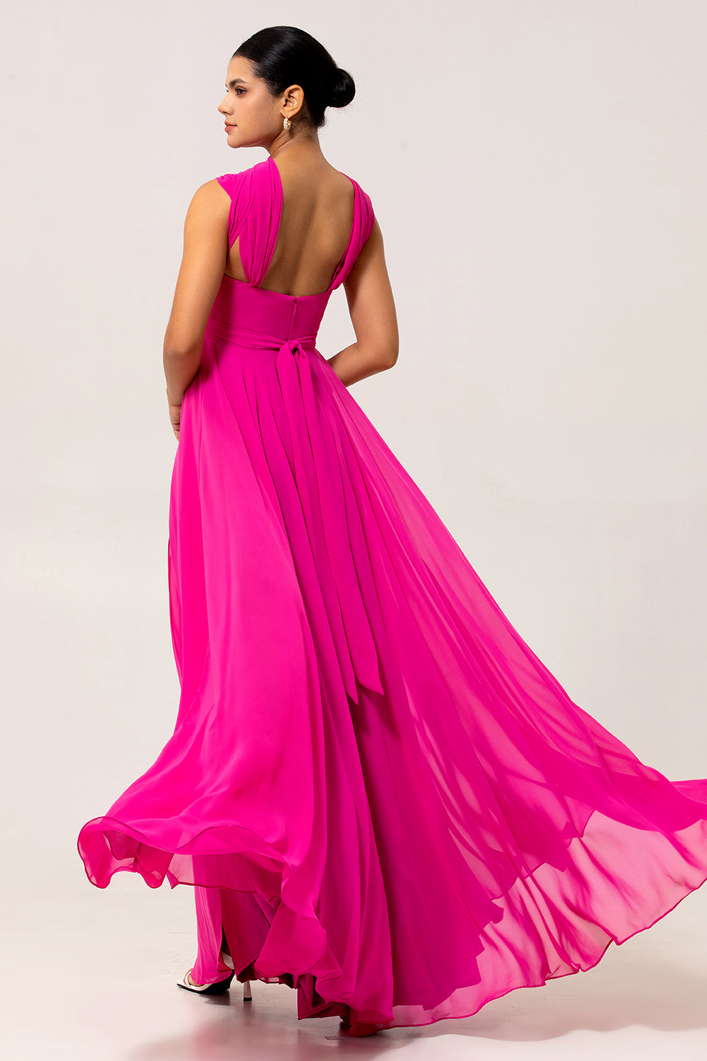 Fuchsia Chiffon A Line Backless Long Wedding Guest Dress with Slit