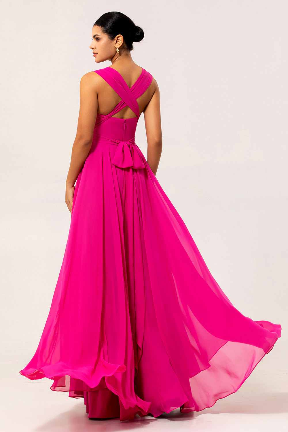 Fuchsia A Line Long Chiffon Wedding Guest Dress with Slit