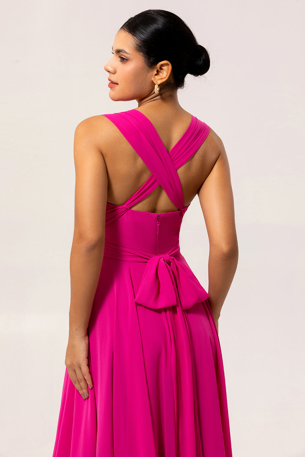 Fuchsia A Line Long Chiffon Wedding Guest Dress with Slit