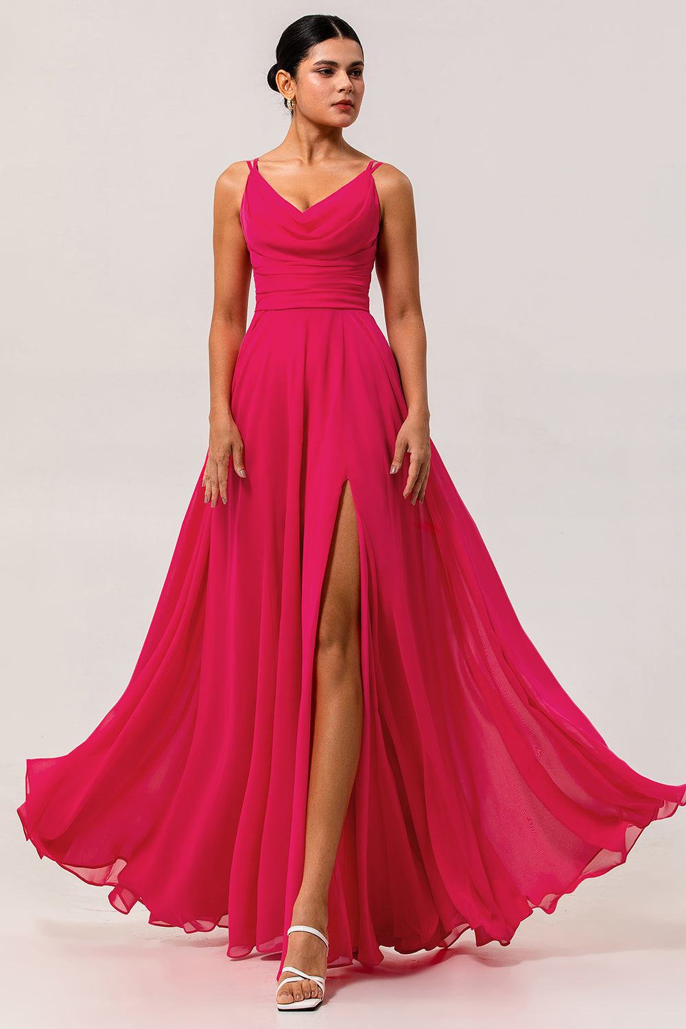 Hot Pink A Line Long Chiffon Wedding Guest Dress with Slit