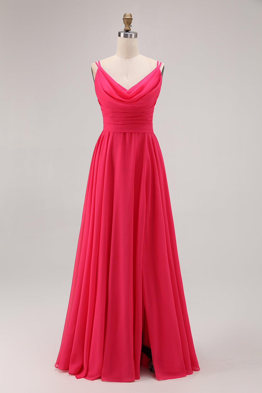 Hot Pink A Line Chiffon Maxi Wedding Guest Dress with Slit