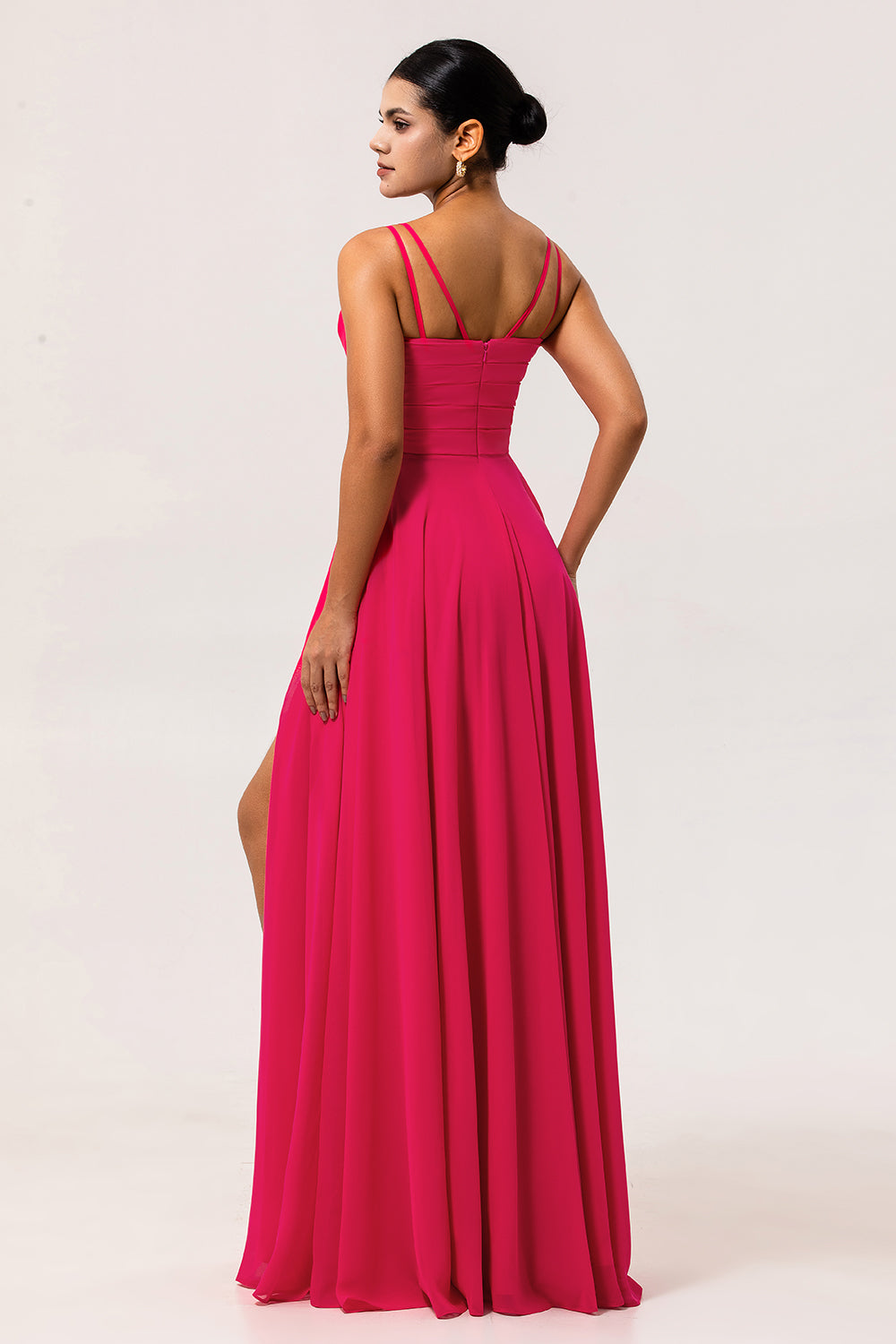 Hot Pink A Line Long Chiffon Wedding Guest Dress with Slit