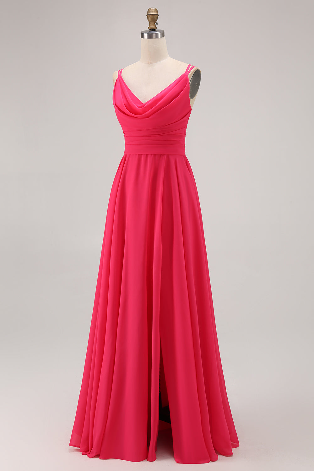 Hot Pink A Line Chiffon Maxi Wedding Guest Dress with Slit