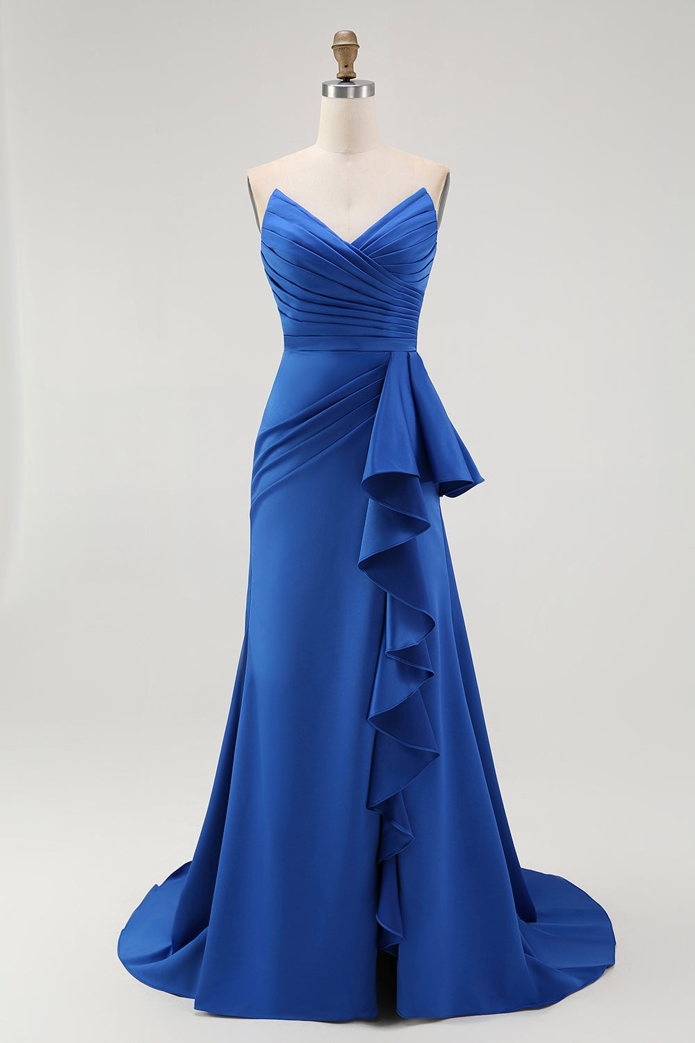 Royal Blue Sweetheart Satin Ruched Maxi Sheath Wedding Guest Dress