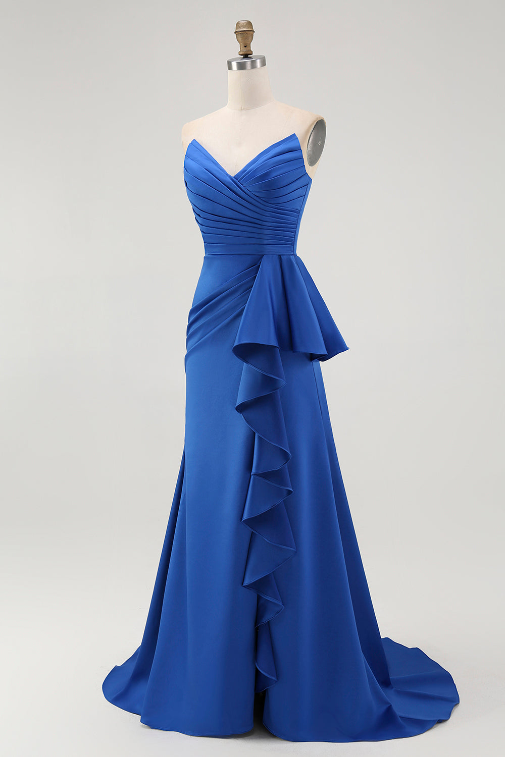 Royal Blue Sweetheart Satin Ruched Maxi Sheath Wedding Guest Dress