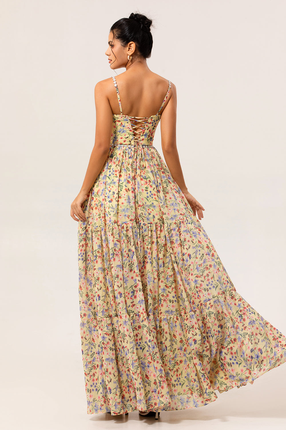 Floral Yellow Spaghetti Straps Long Chiffon Wedding Guest Dress with Slit