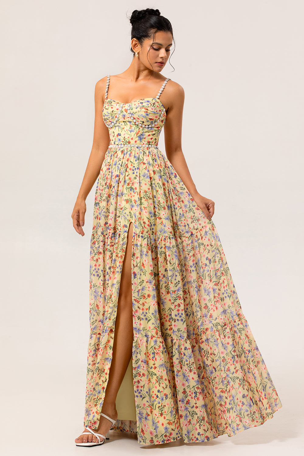 Floral Yellow Spaghetti Straps Long Chiffon Wedding Guest Dress with Slit