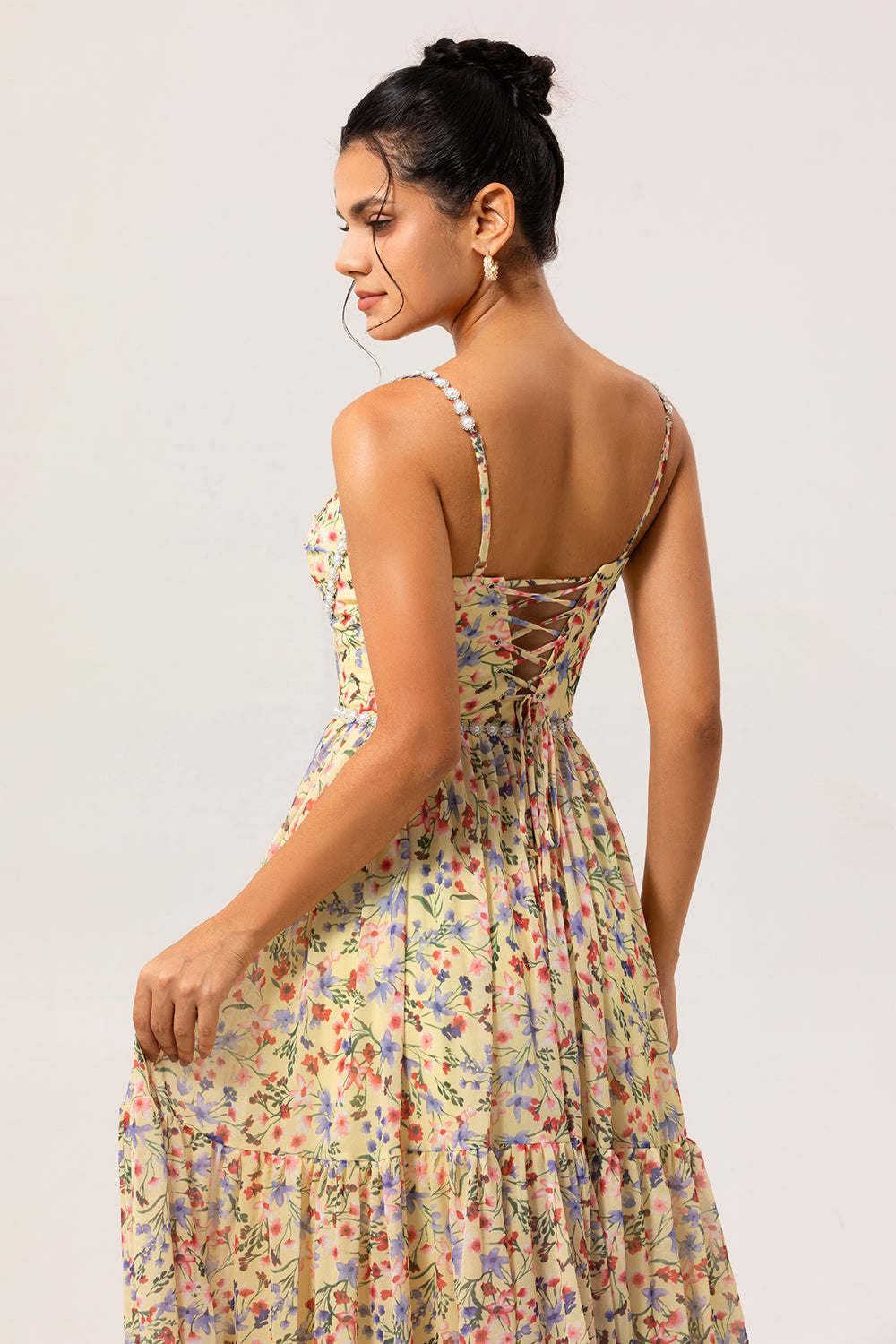 Floral Yellow Spaghetti Straps Long Chiffon Wedding Guest Dress with Slit