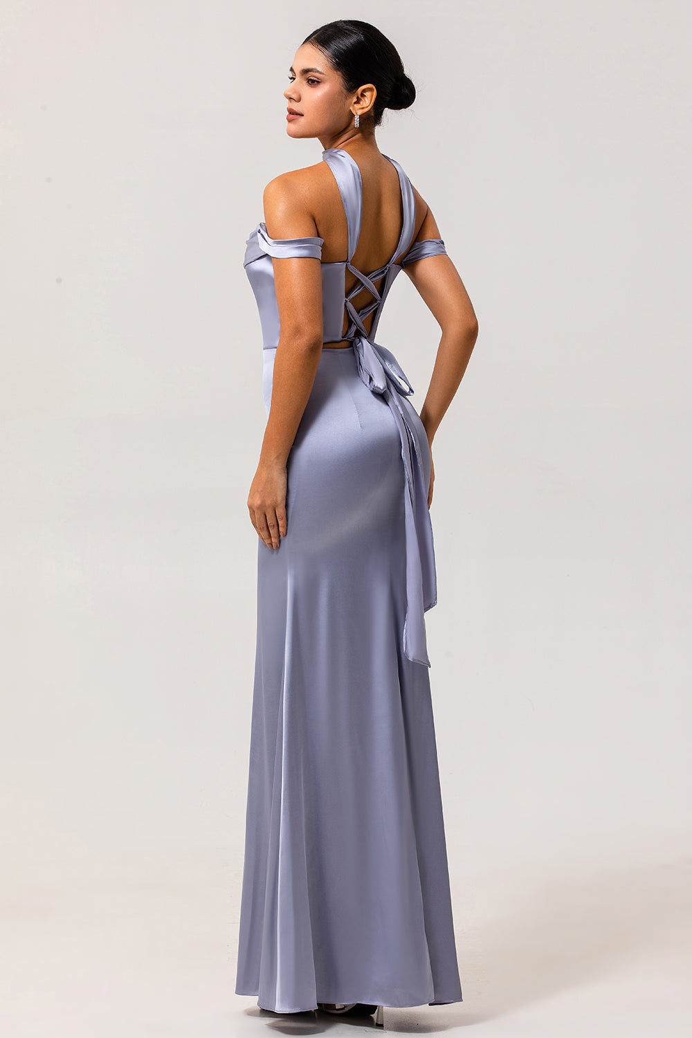Dusty Blue Satin Off the Shoulder Maxi Wedding Guest Dress