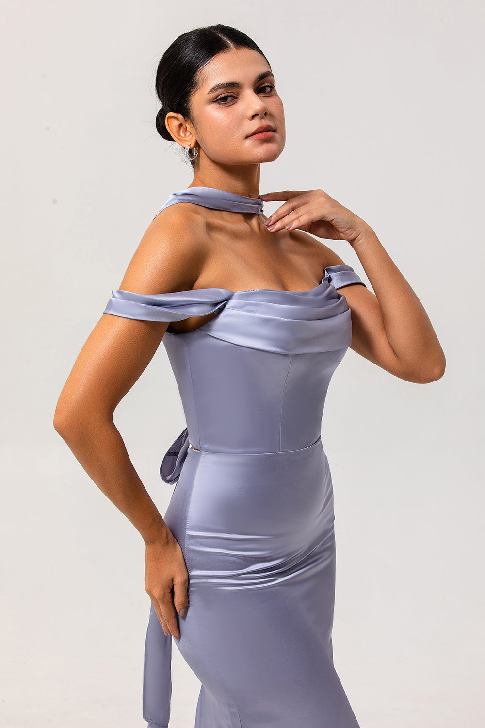 Dusty Blue Satin Off the Shoulder Maxi Wedding Guest Dress