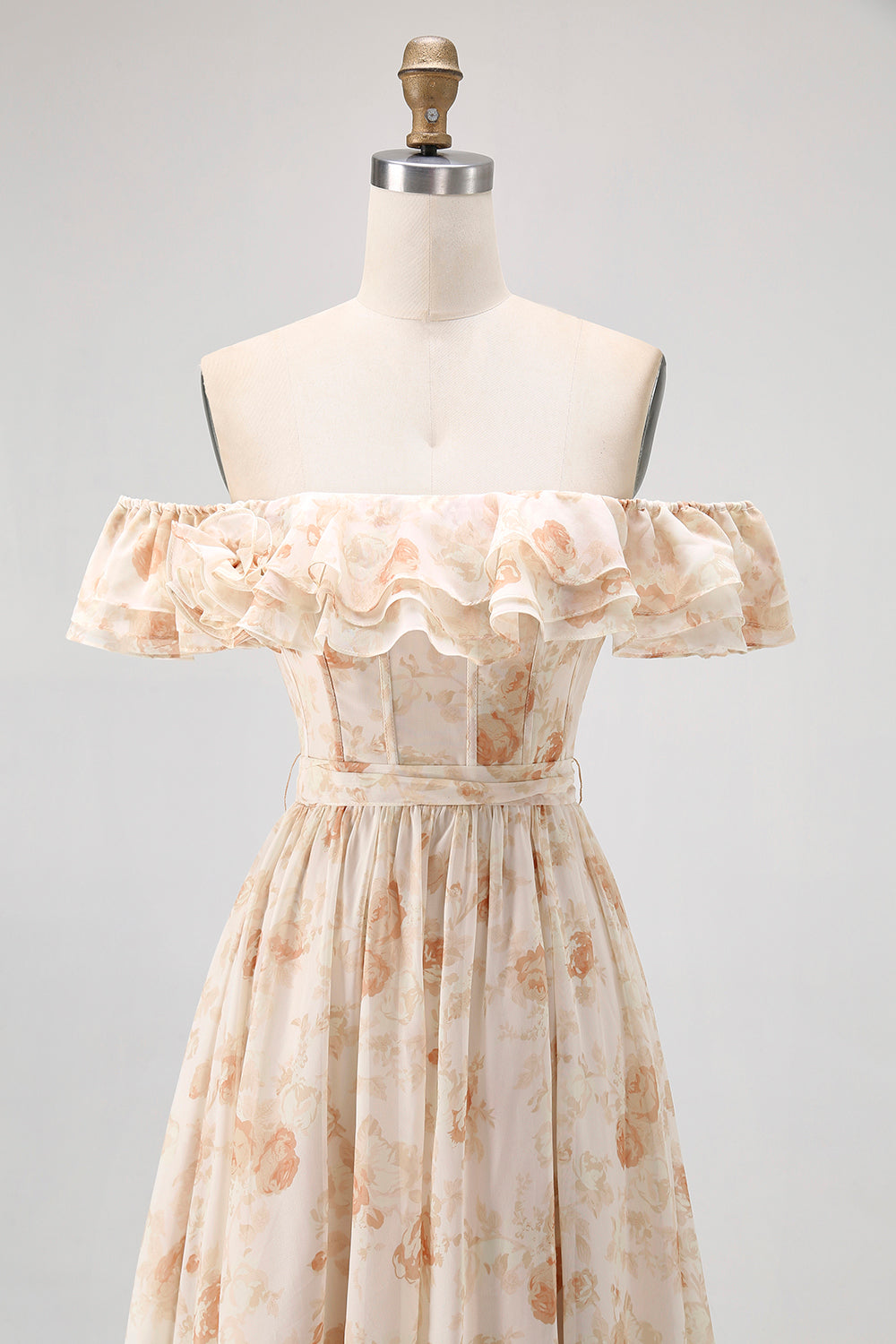Floral Champagne Off the Shoulder A-Line Chiffon Long Corset Wedding Guest Dress with Ruffles