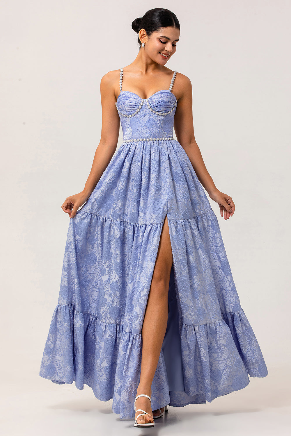 Sparkly Blue Jacquard Floral Wedding Guest Dress with Slit