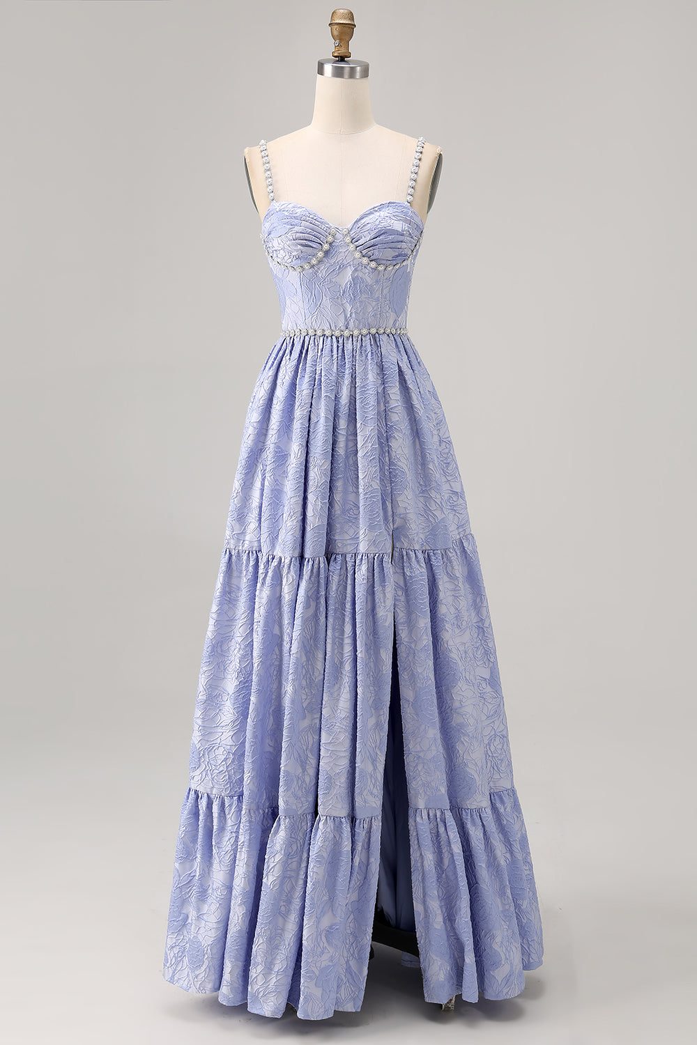 Sparkly Blue Floral Jacquard Long Wedding Guest Dress with Slit