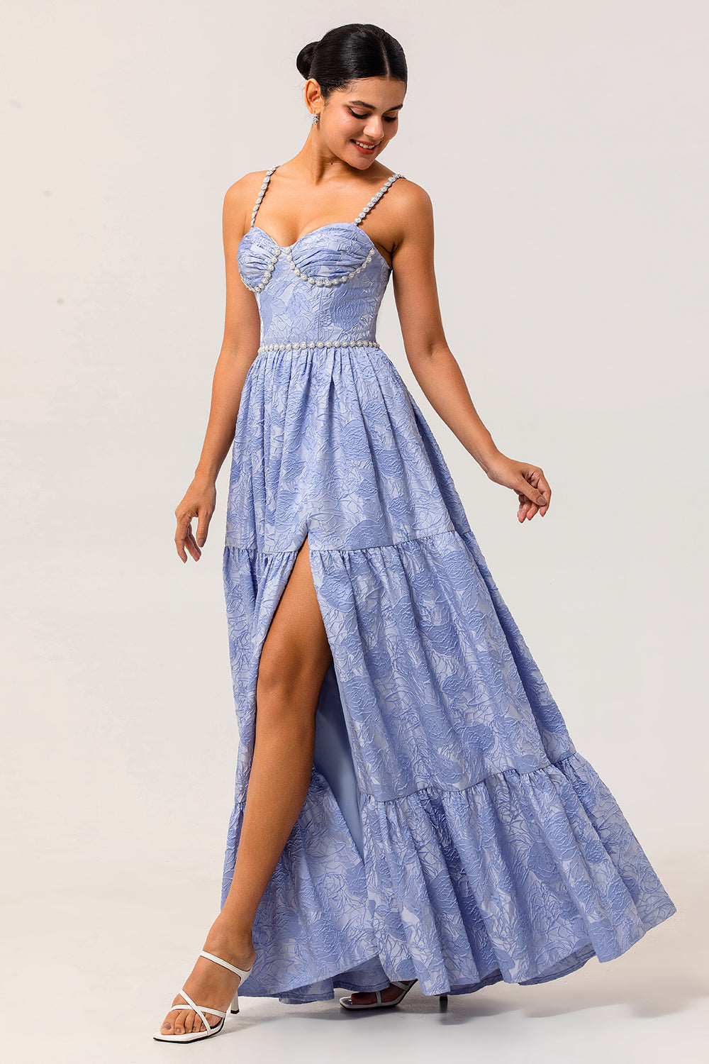 Sparkly Blue Jacquard Floral Wedding Guest Dress with Slit