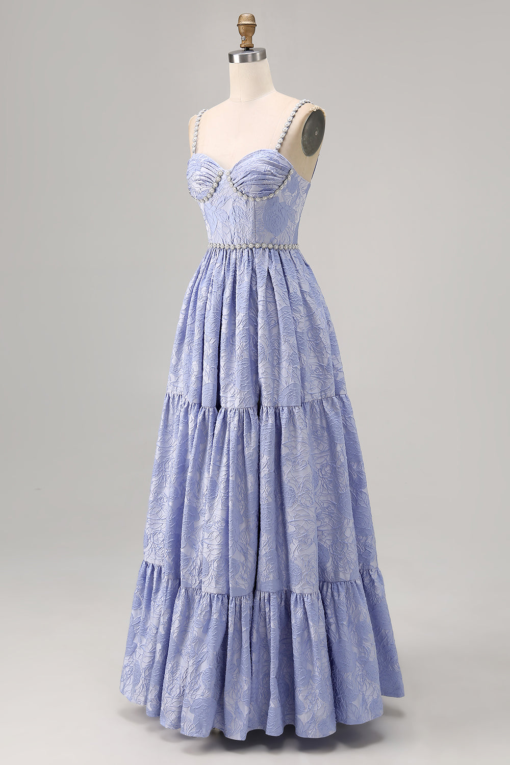 Sparkly Blue Floral Jacquard Long Wedding Guest Dress with Slit