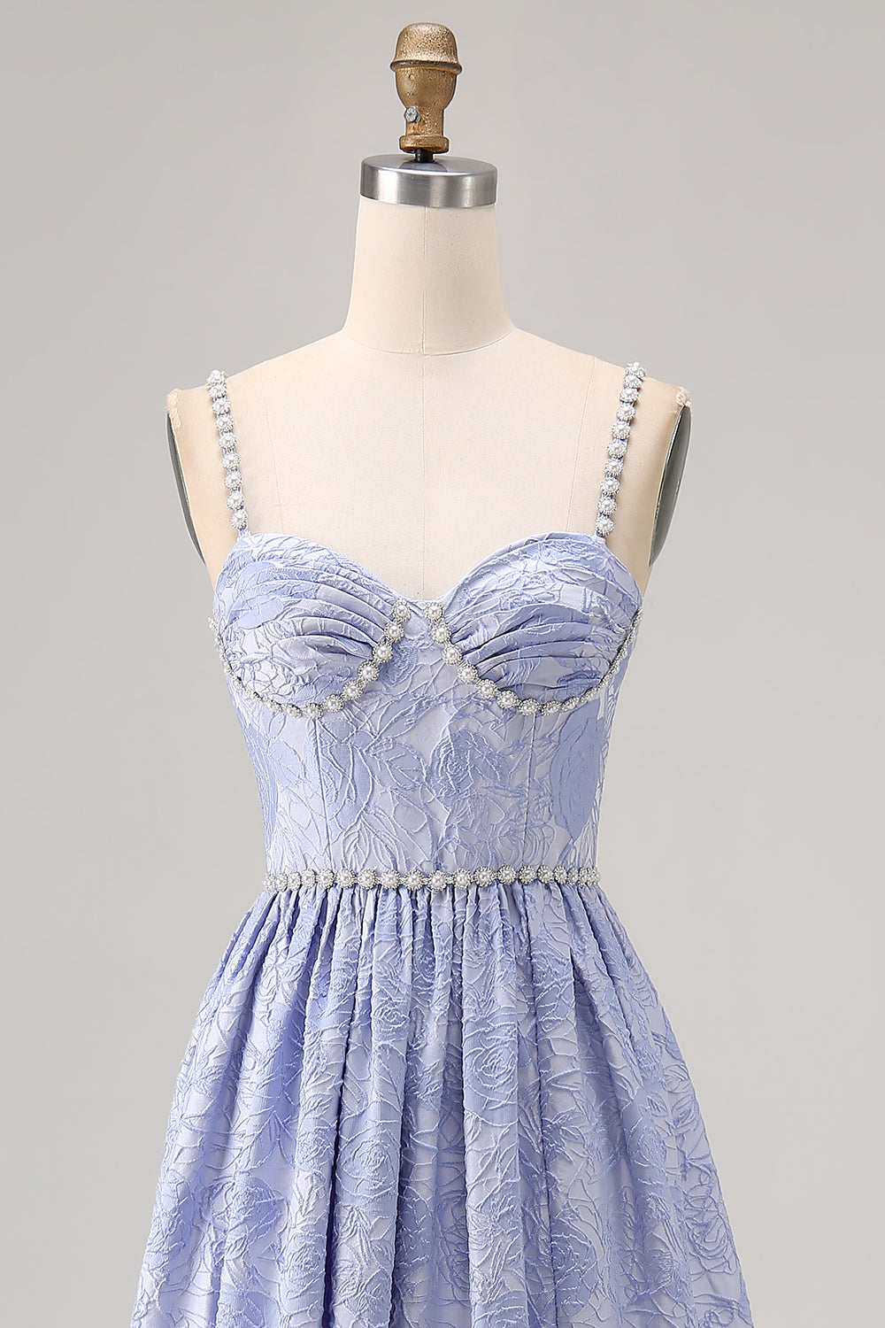 Sparkly Blue Floral Jacquard Long Wedding Guest Dress with Slit