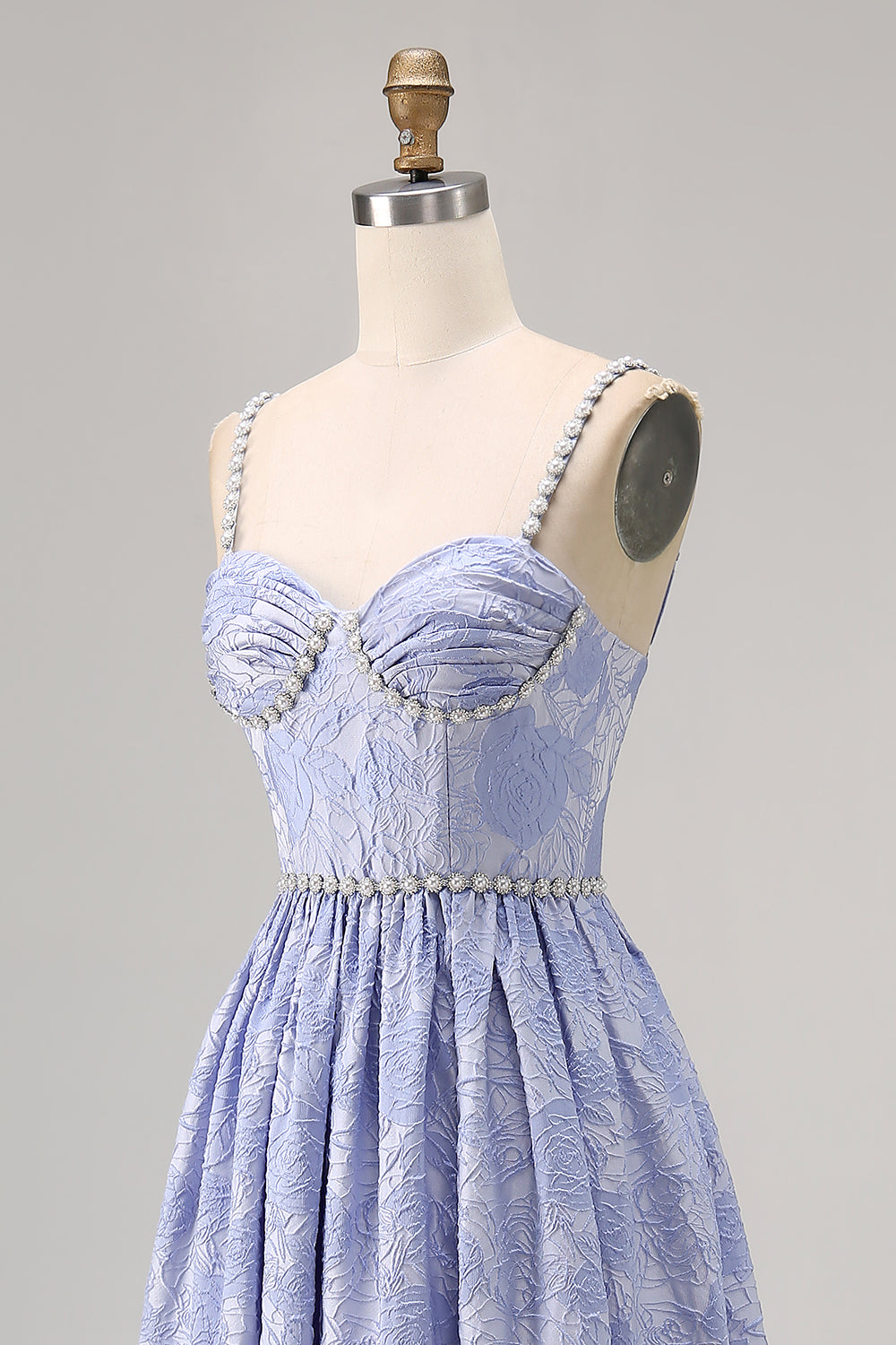 Sparkly Blue Floral Jacquard Long Wedding Guest Dress with Slit