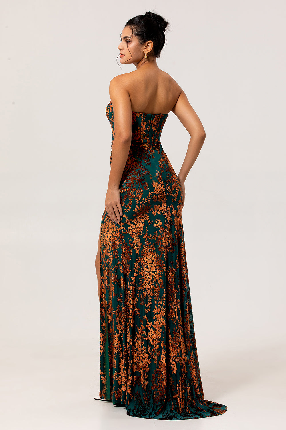 Peacock Green Strapless Velvet Long Corset Bridesmaid Dress with Slit