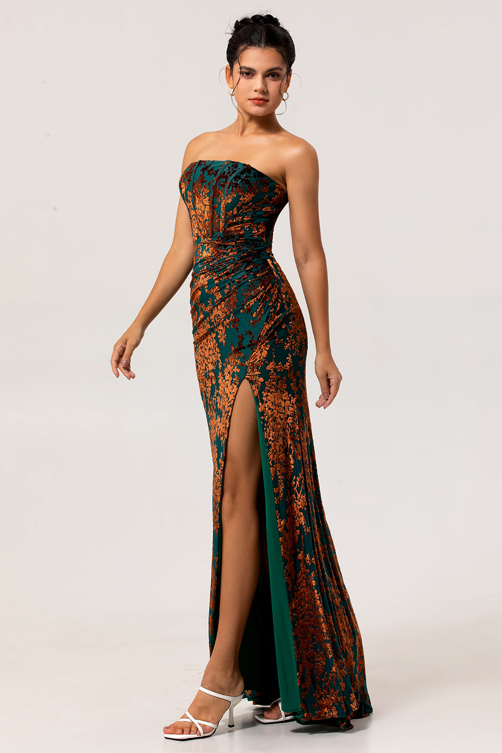 Peacock Green Strapless Velvet Long Corset Bridesmaid Dress with Slit