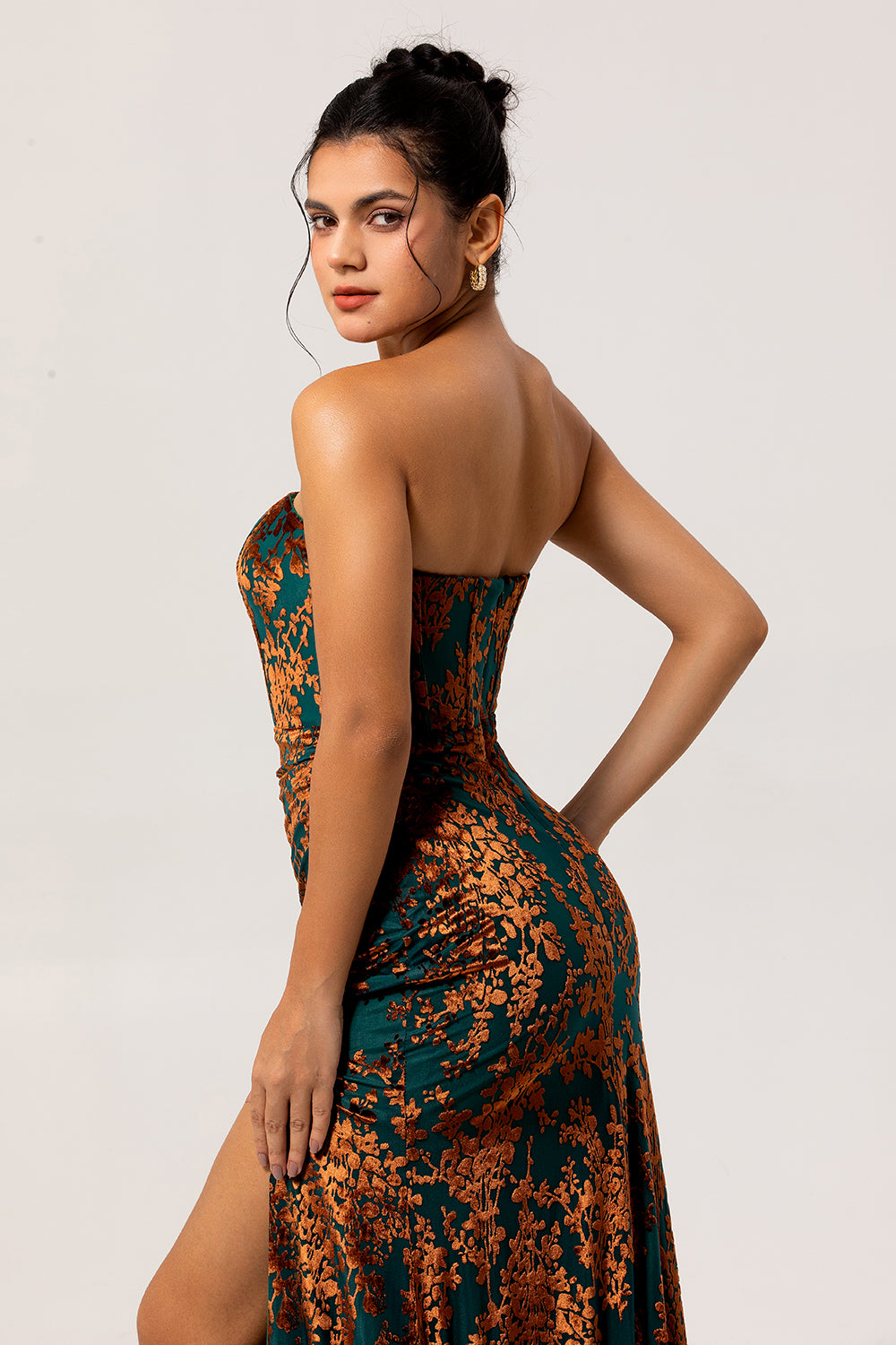 Peacock Green Strapless Velvet Long Corset Bridesmaid Dress with Slit