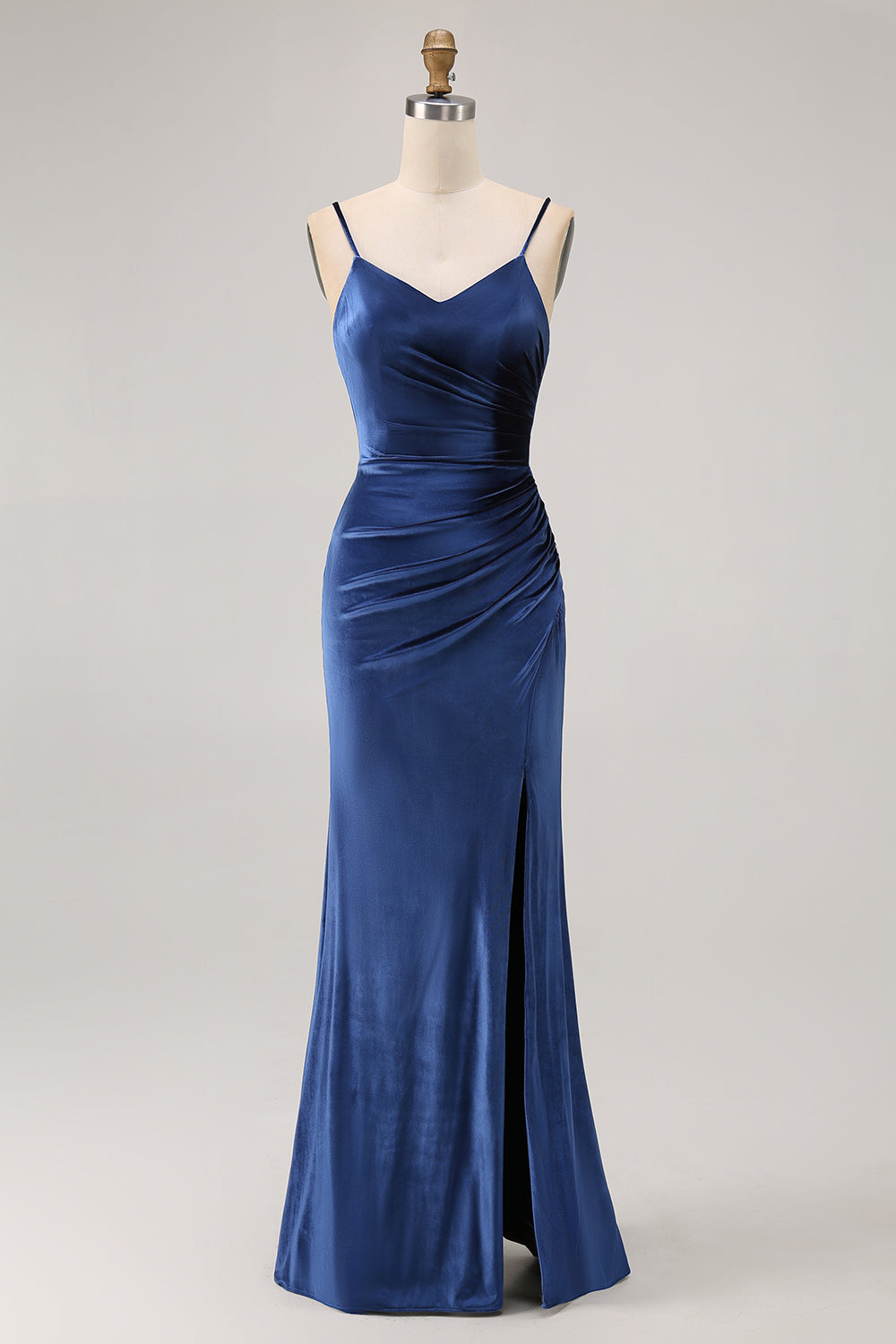Elegant Dark Blue Sheath Cami Long Velvet Wedding Guest Dress with Slit