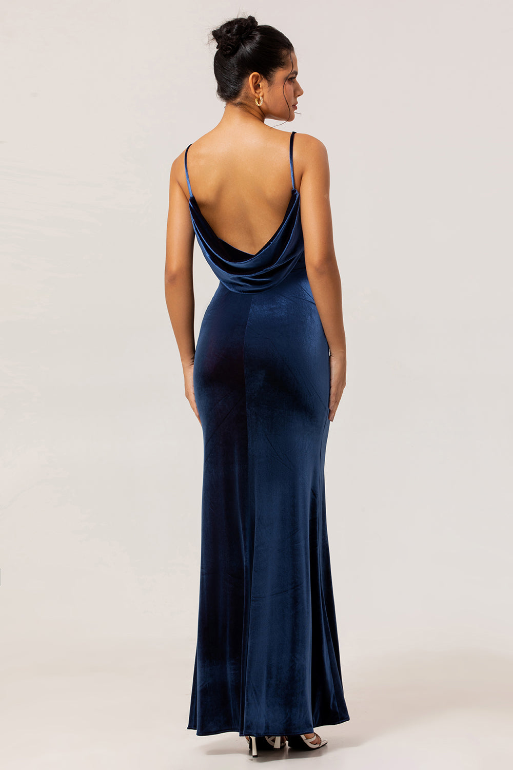 Dark Blue Sheath Spaghetti Straps Long Velvet Wedding Guest Dress