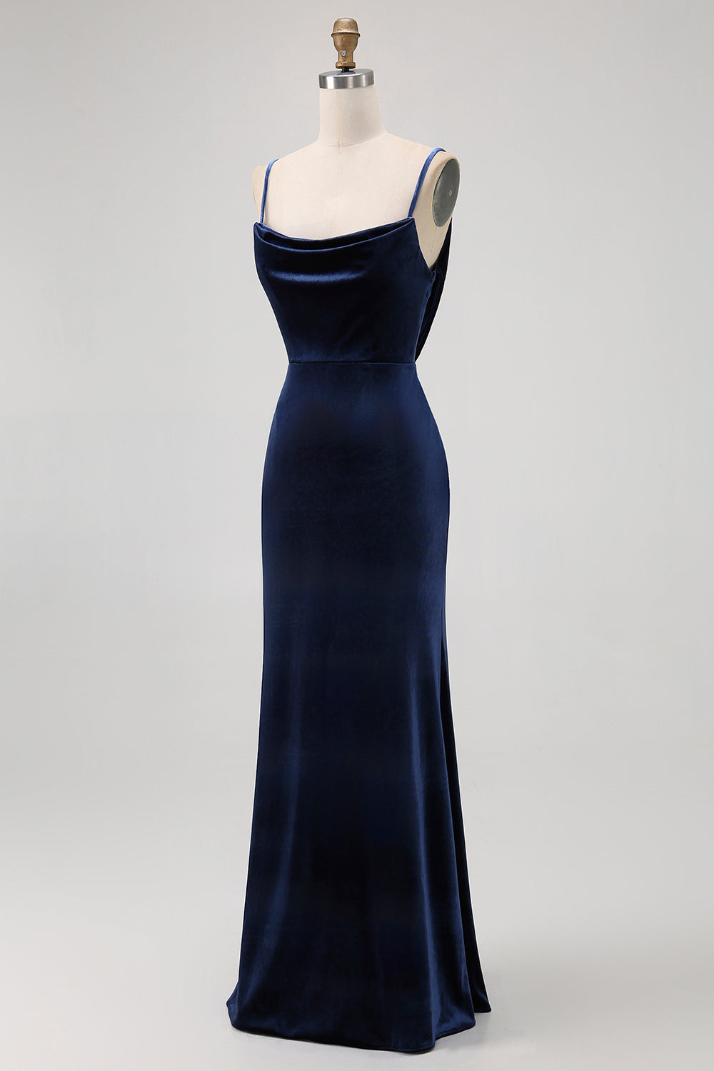 Dark Blue Velvet Mermaid Spaghetti Straps Backless Long Wedding Guest Dress