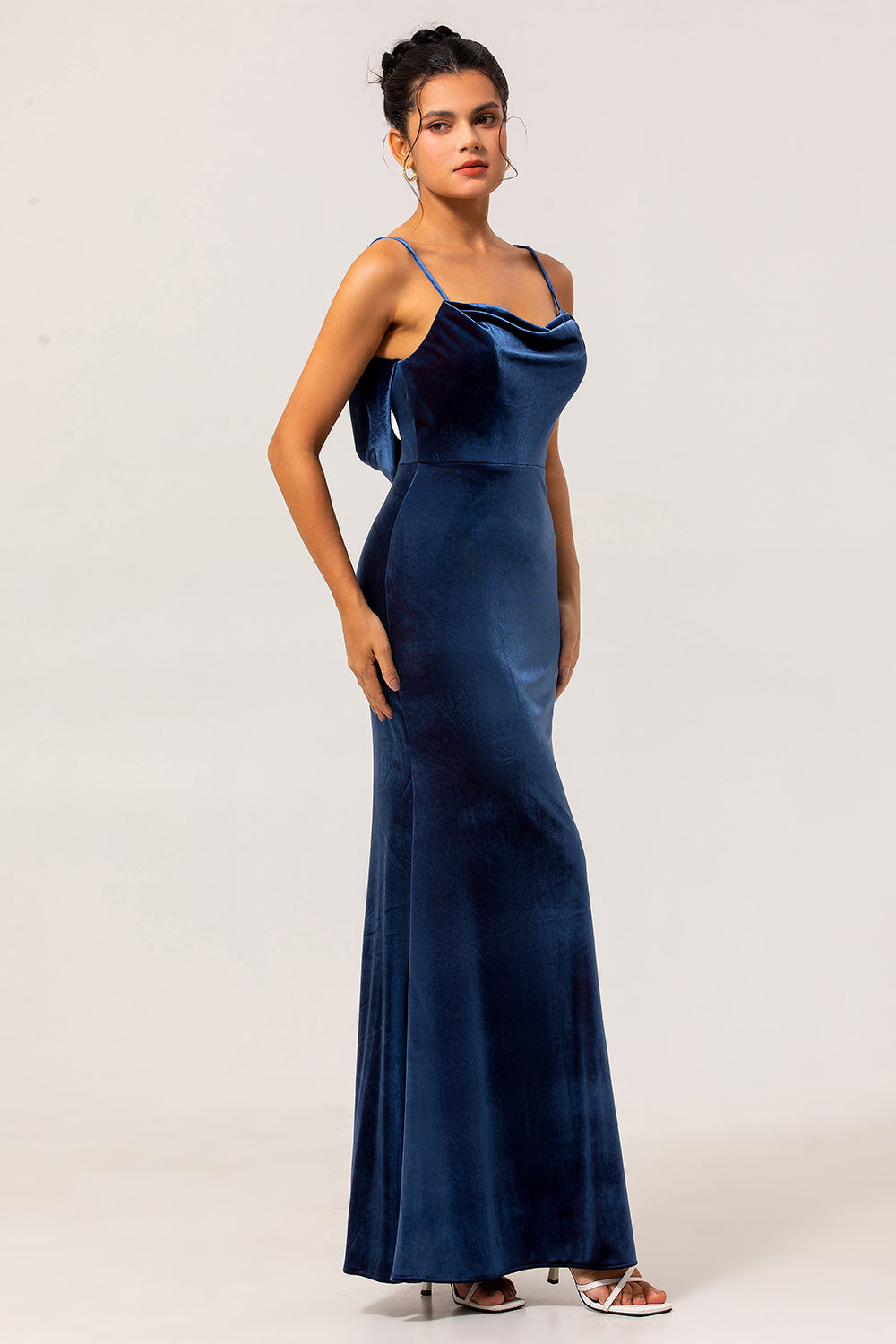 Dark Blue Sheath Spaghetti Straps Long Velvet Wedding Guest Dress