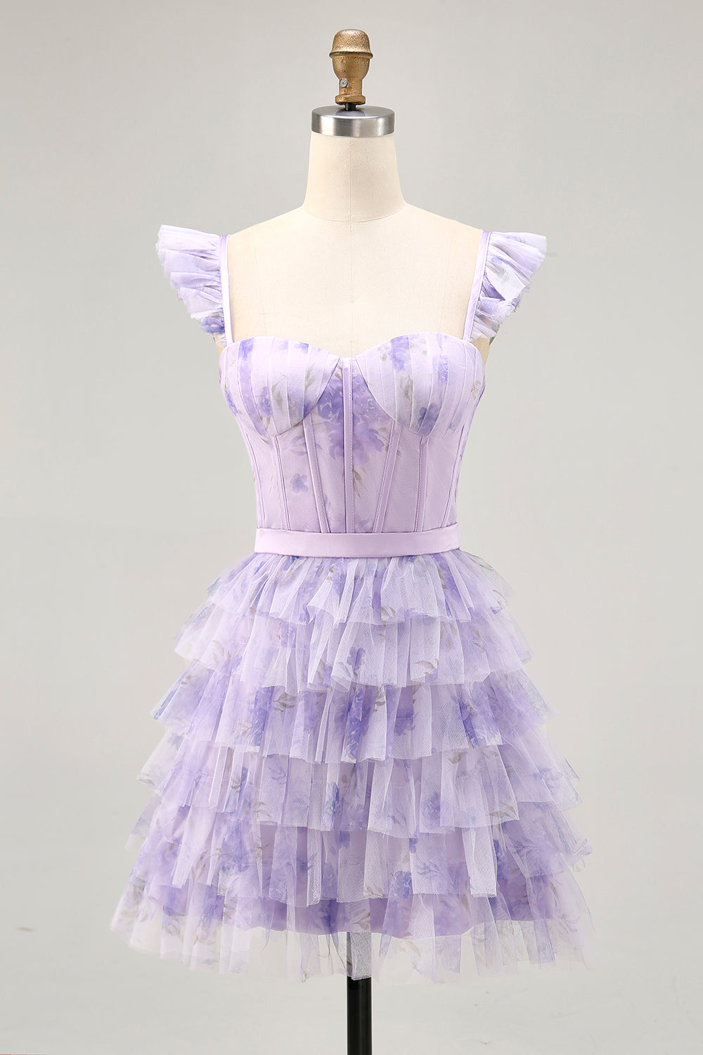 Floral Lilac A Line Short Corset Homecoming Dress with Ruffles