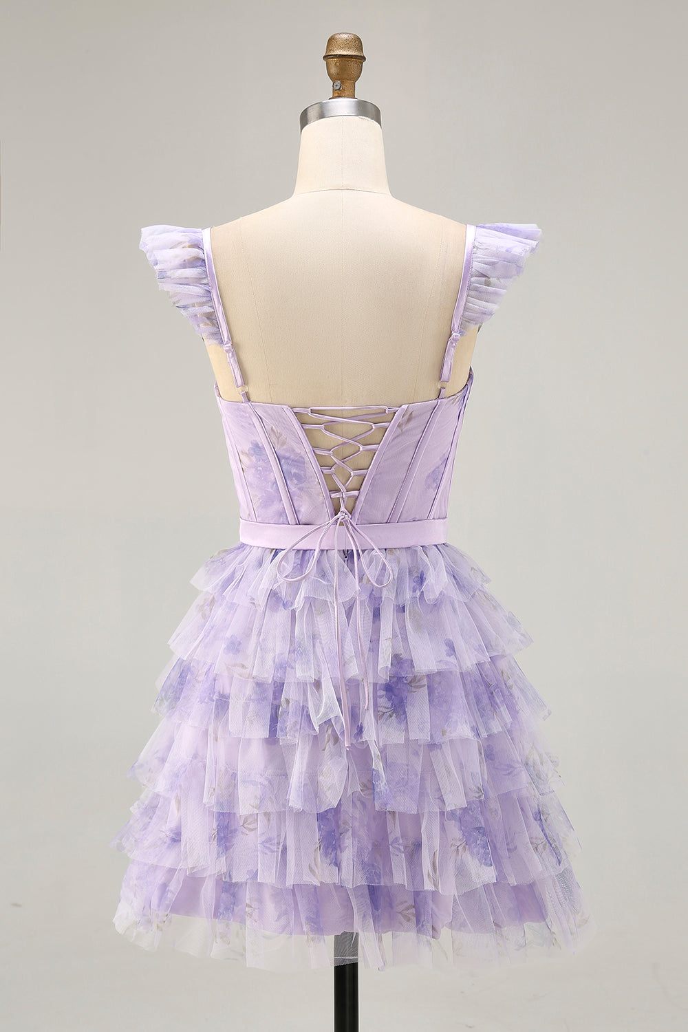 Floral Lilac A Line Short Corset Homecoming Dress with Ruffles