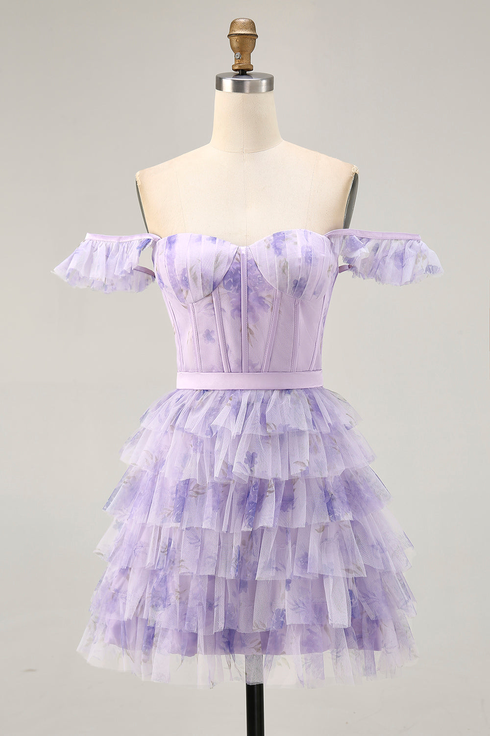 Floral Lilac A Line Short Corset Homecoming Dress with Ruffles