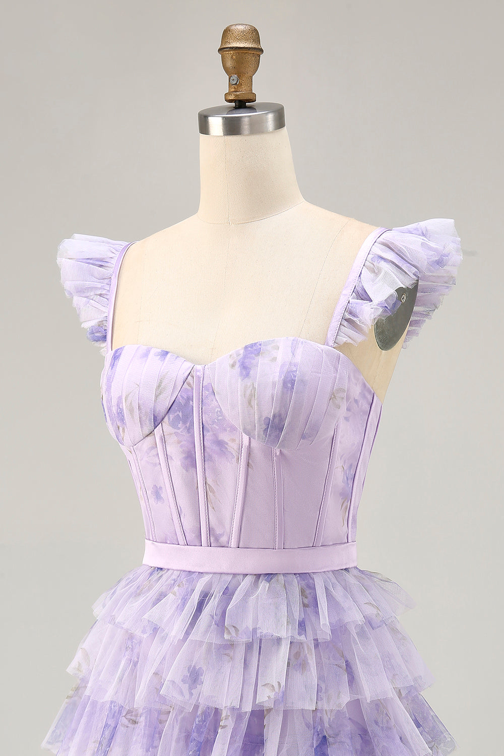 Floral Lilac A Line Short Corset Homecoming Dress with Ruffles
