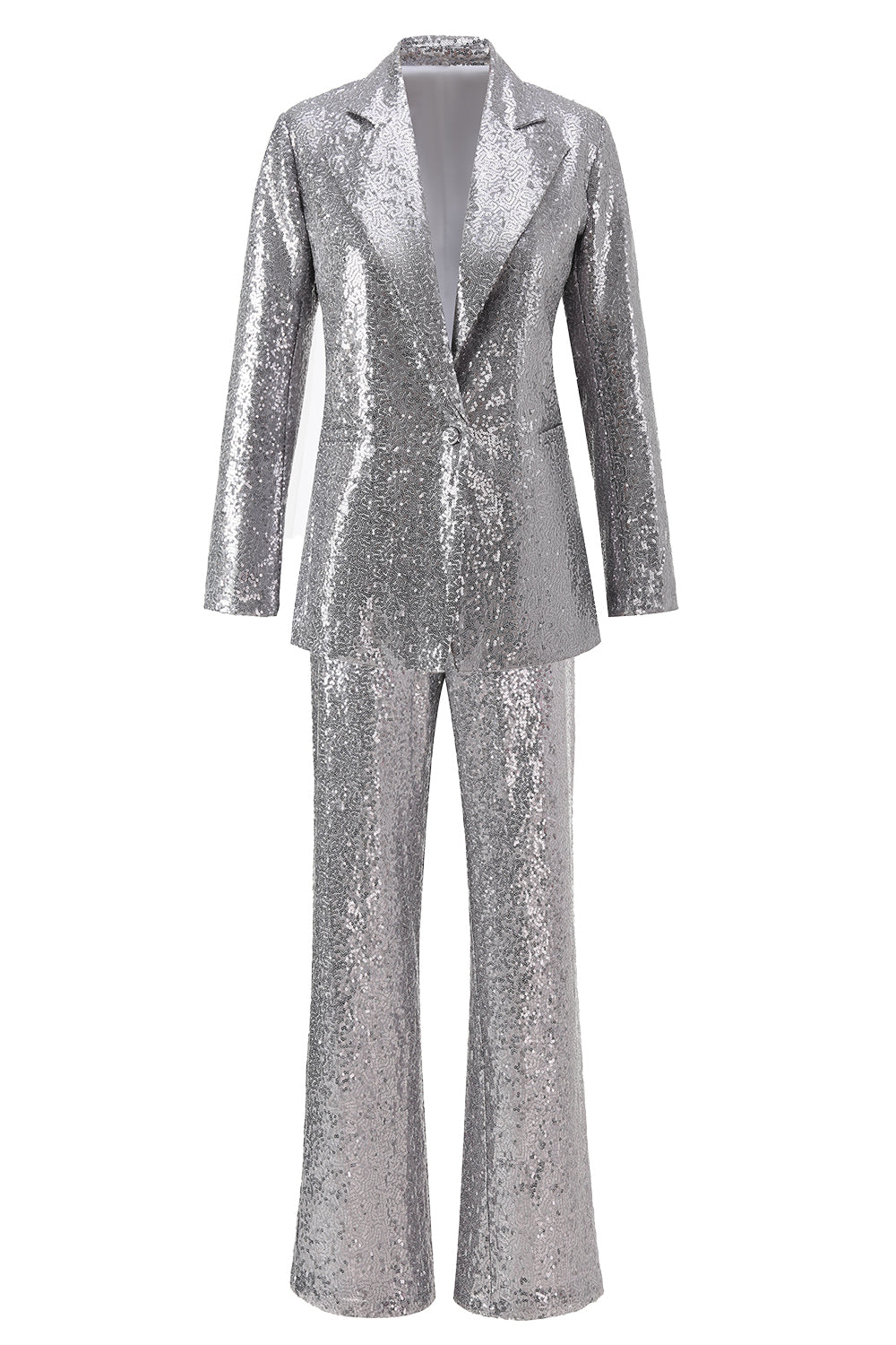 Sparkly Silver Sequin Notched Lapel 2 Piece Women Prom Suits