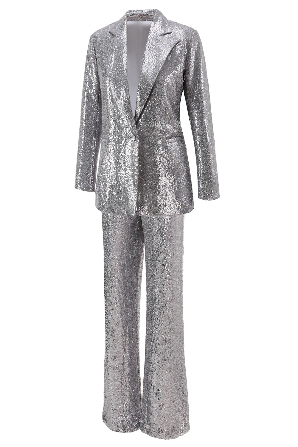 Sparkly Silver Sequin Notched Lapel 2 Piece Women Prom Suits
