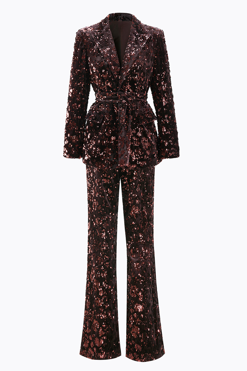  2 Piece Sequin Sparkly Coffee Peak Lapel Women Prom Suits with Sash