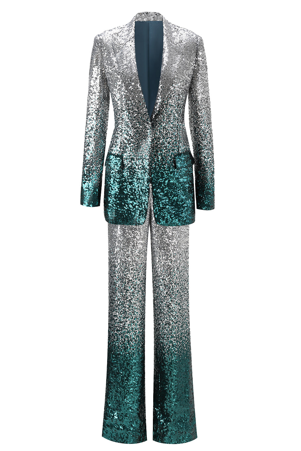 Sparkly Silver and Peacock 2 Piece Sequin Peak Lapel Women Prom Suits