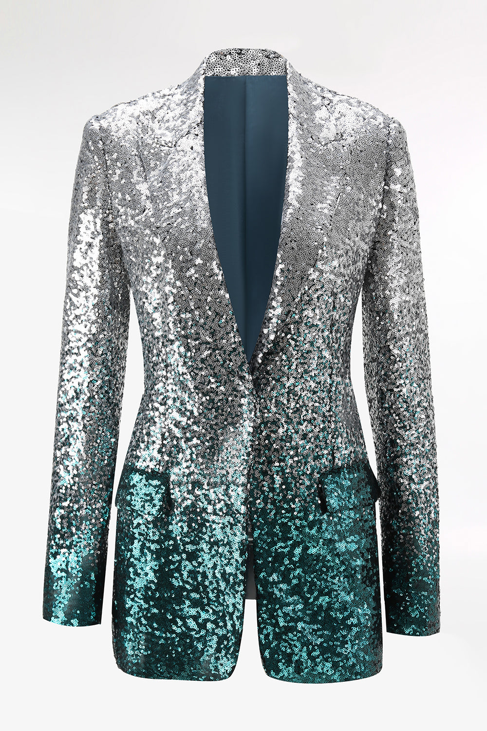 Sparkly Silver and Peacock 2 Piece Sequin Peak Lapel Women Prom Suits