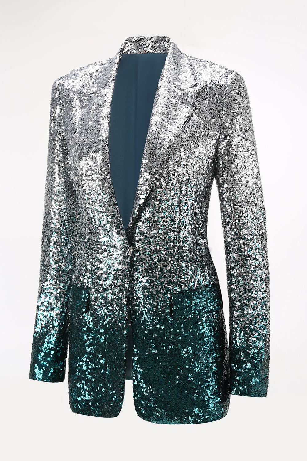 Sparkly Silver and Peacock 2 Piece Sequin Peak Lapel Women Prom Suits
