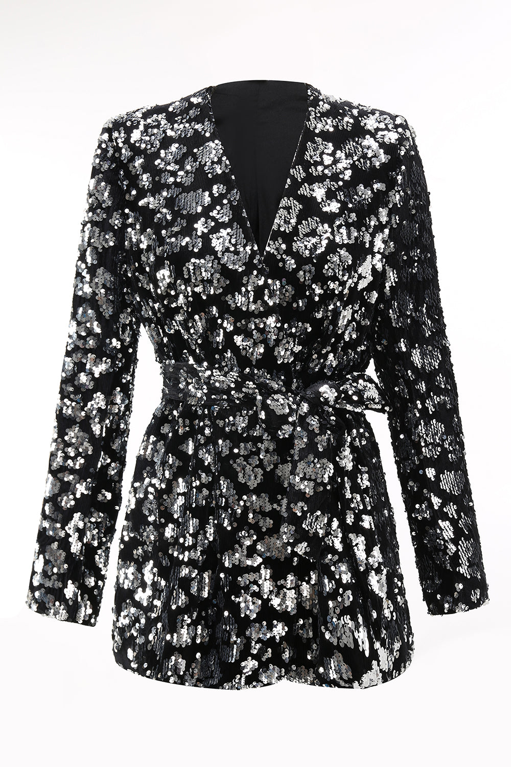 2 Piece Sparkly Black Sequin Women Prom Suits with Sash