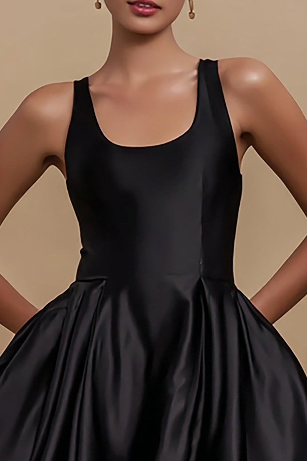 Simple Black Satin Scoop A Line Mini Cocktail Dress
