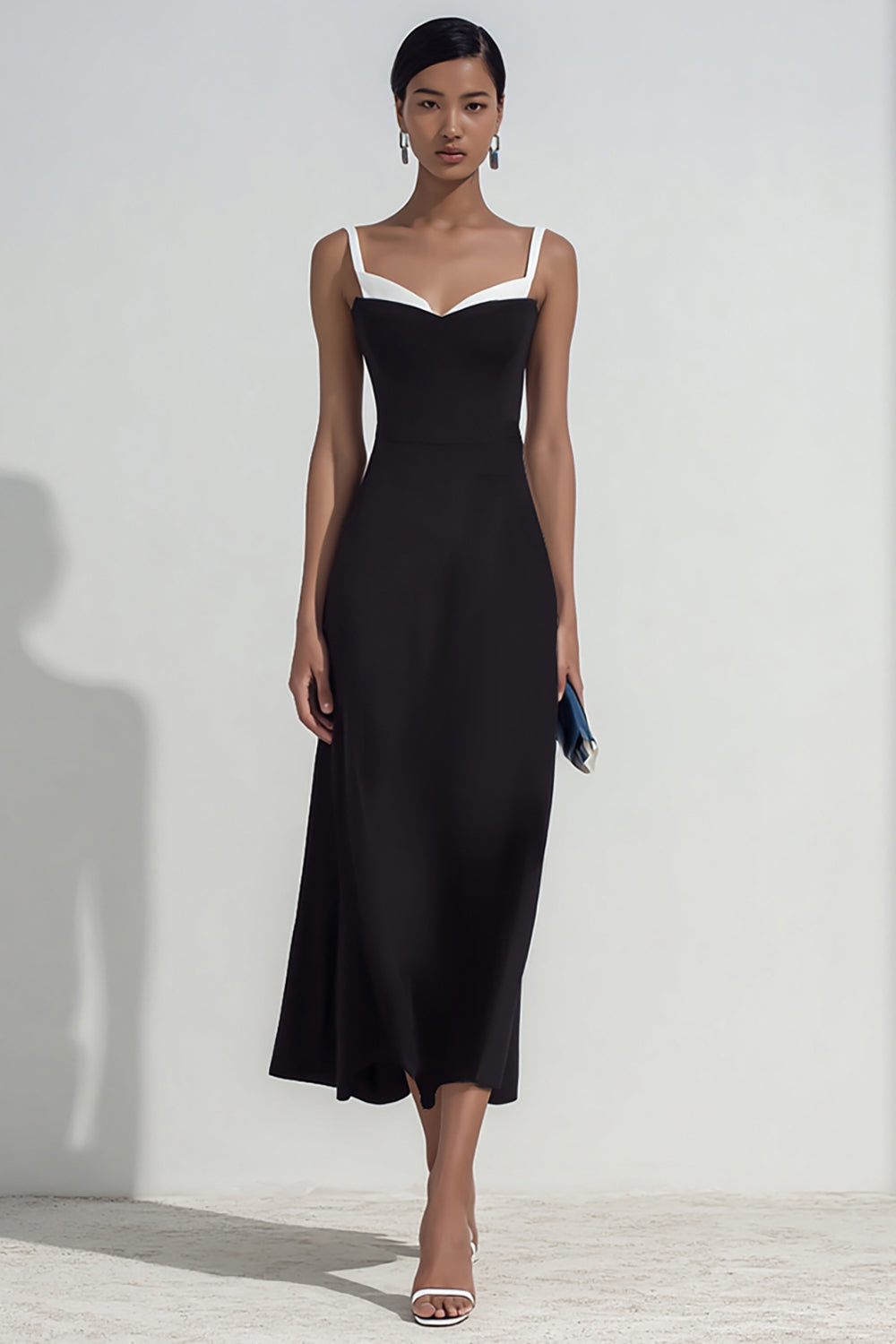 Elegant Black and White Sheath Spaghetti Straps Maxi Wedding Guest Dress