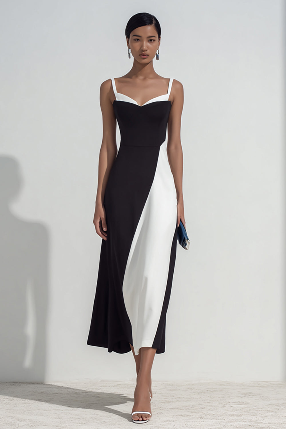 Black and White Patchwork Sheath Spaghetti Straps Maxi Wedding Guest Dress