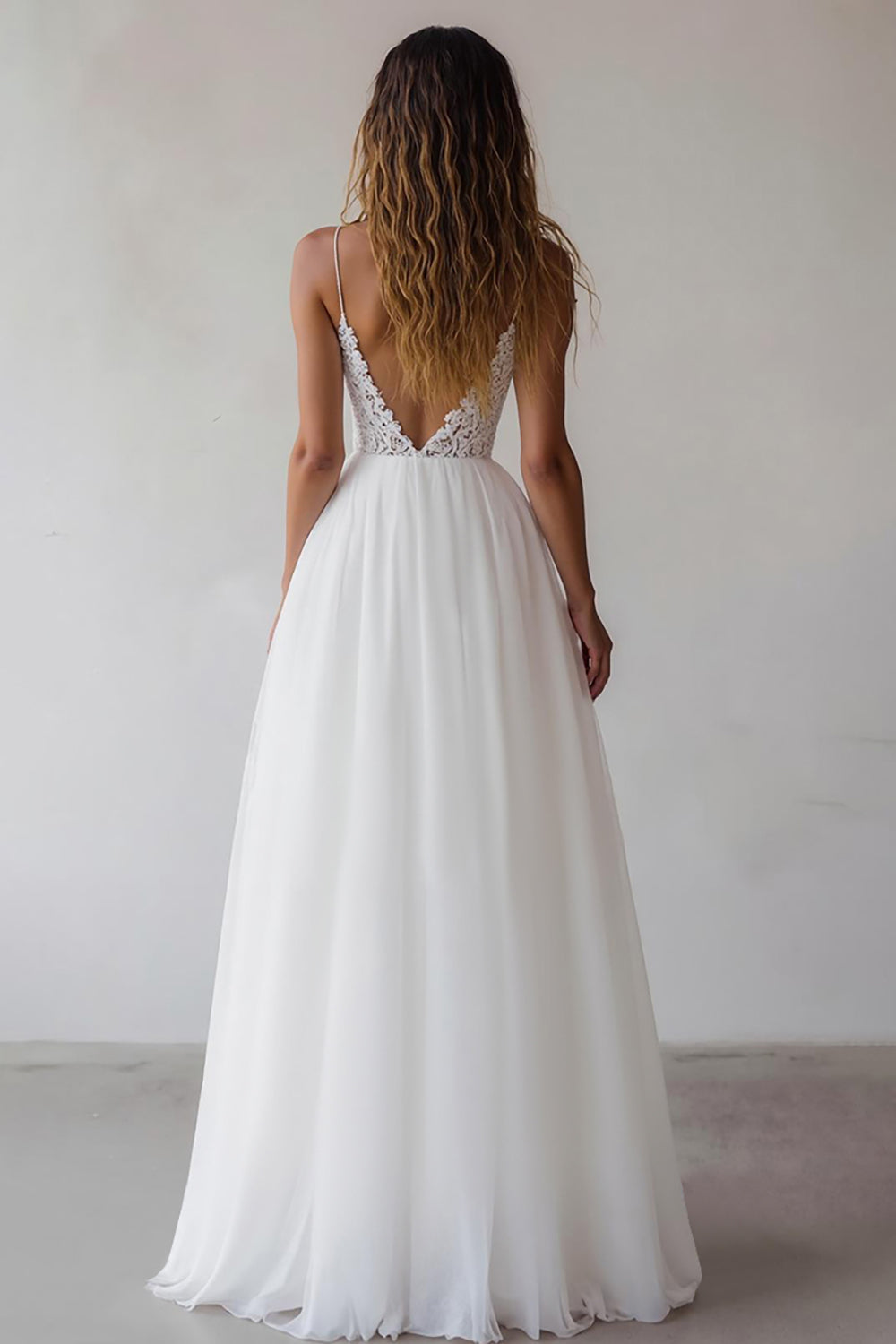 White Spaghetti Straps A Line Maxi Formal Dress with Lace