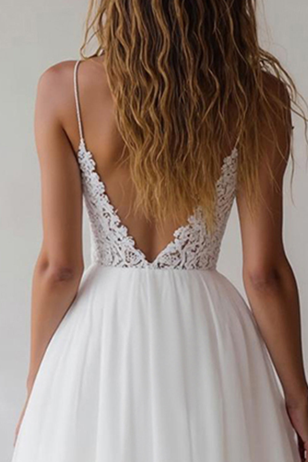 White Spaghetti Straps A Line Maxi Formal Dress with Lace