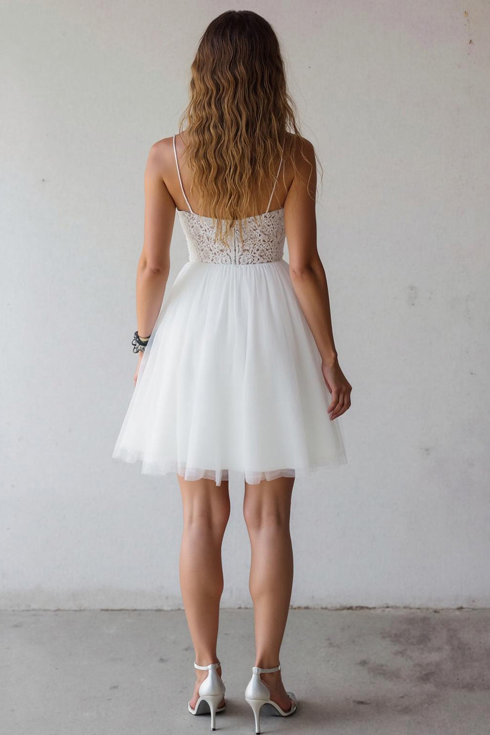 White A Line Spaghetti Straps Little White Dress with Lace