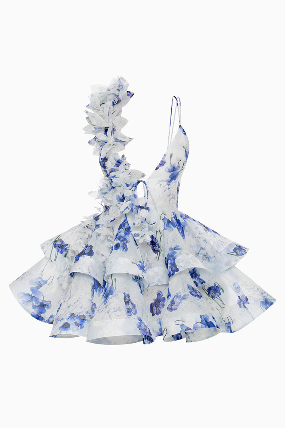 Floral Blue Chiffon A Line Short Homecoming Dress with Ruffles