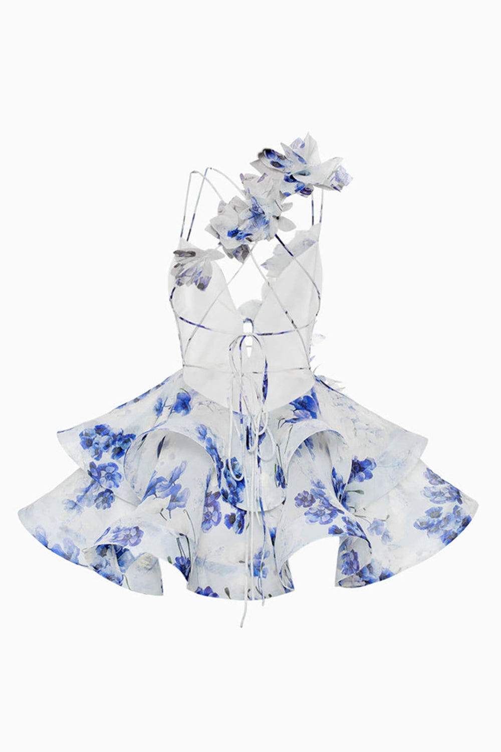 Floral Blue Chiffon A Line Short Homecoming Dress with Ruffles
