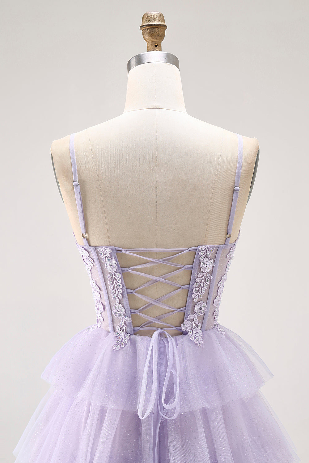 Sparkly Lilac Ball Gown Tiered Long Corset Prom Dress with Lace